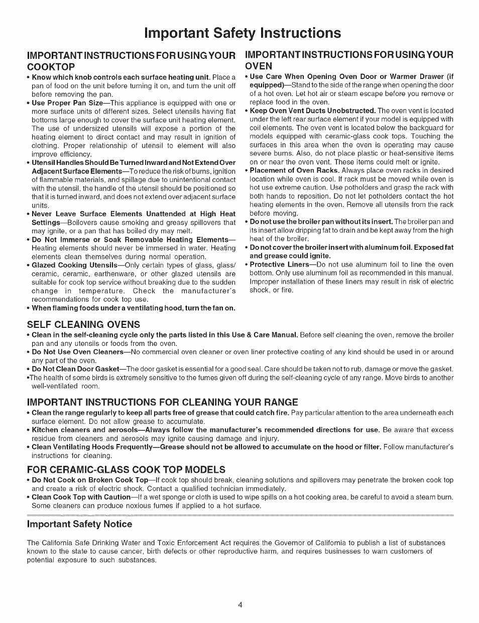 Important safety instructions, Important instructions for using your cooktop, Important instructions for usingyour oven | Self cleaning ovens, Important instructions for cleaning your range, For ceramic-glass cook top models, Important safety notice | Kenmore 790.9602 User Manual | Page 4 / 24