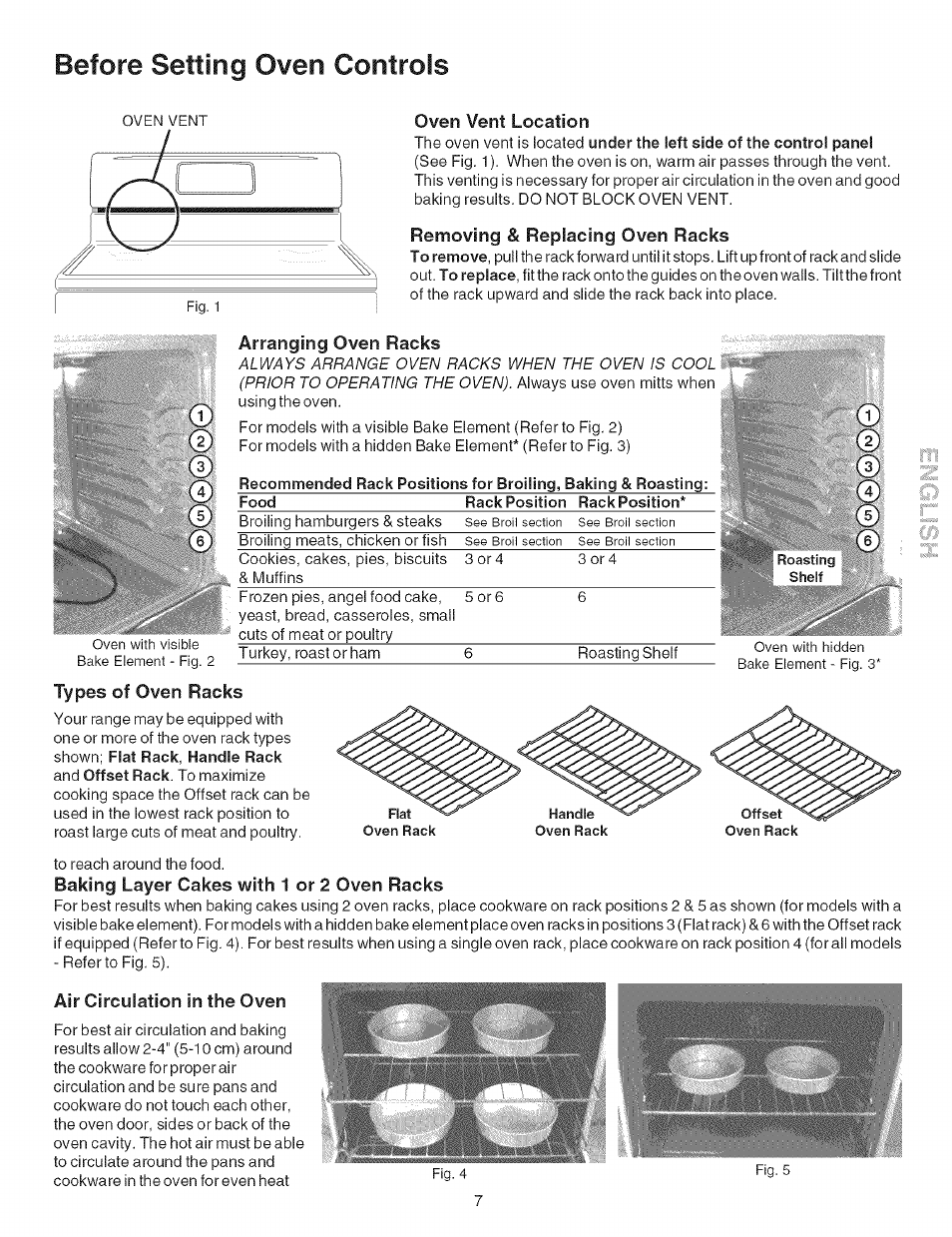 Oven vent location, Removing & replacing oven racks, Arranging oven racks | Types of oven racks, Baking layer cakes with 1 or 2 oven racks, Air circulation in the oven, Before setting oven controls | Kenmore 790.9602 User Manual | Page 7 / 24