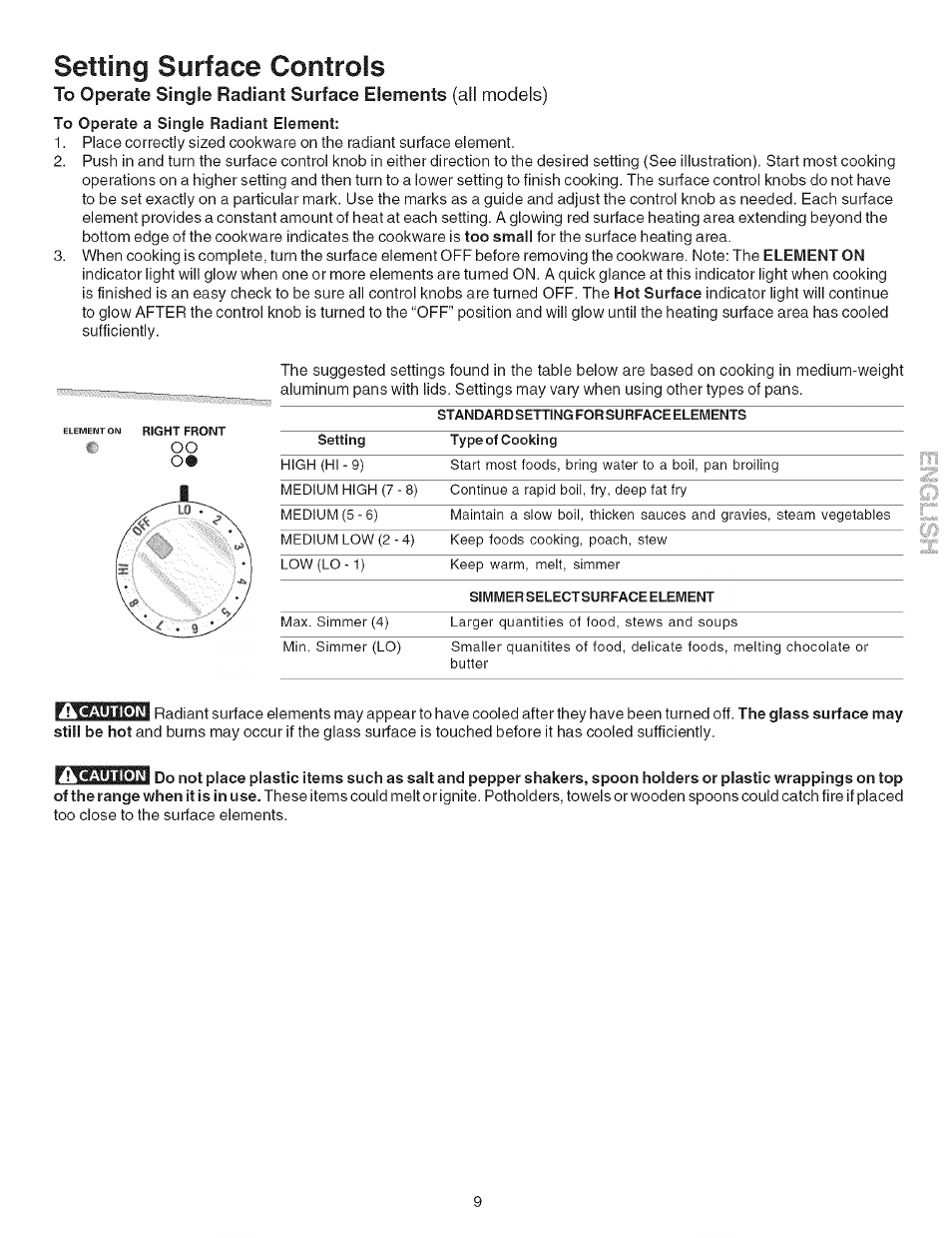 To operate a single radiant element, Setting surface controls, Oo o | Kenmore 790.9602 User Manual | Page 9 / 24