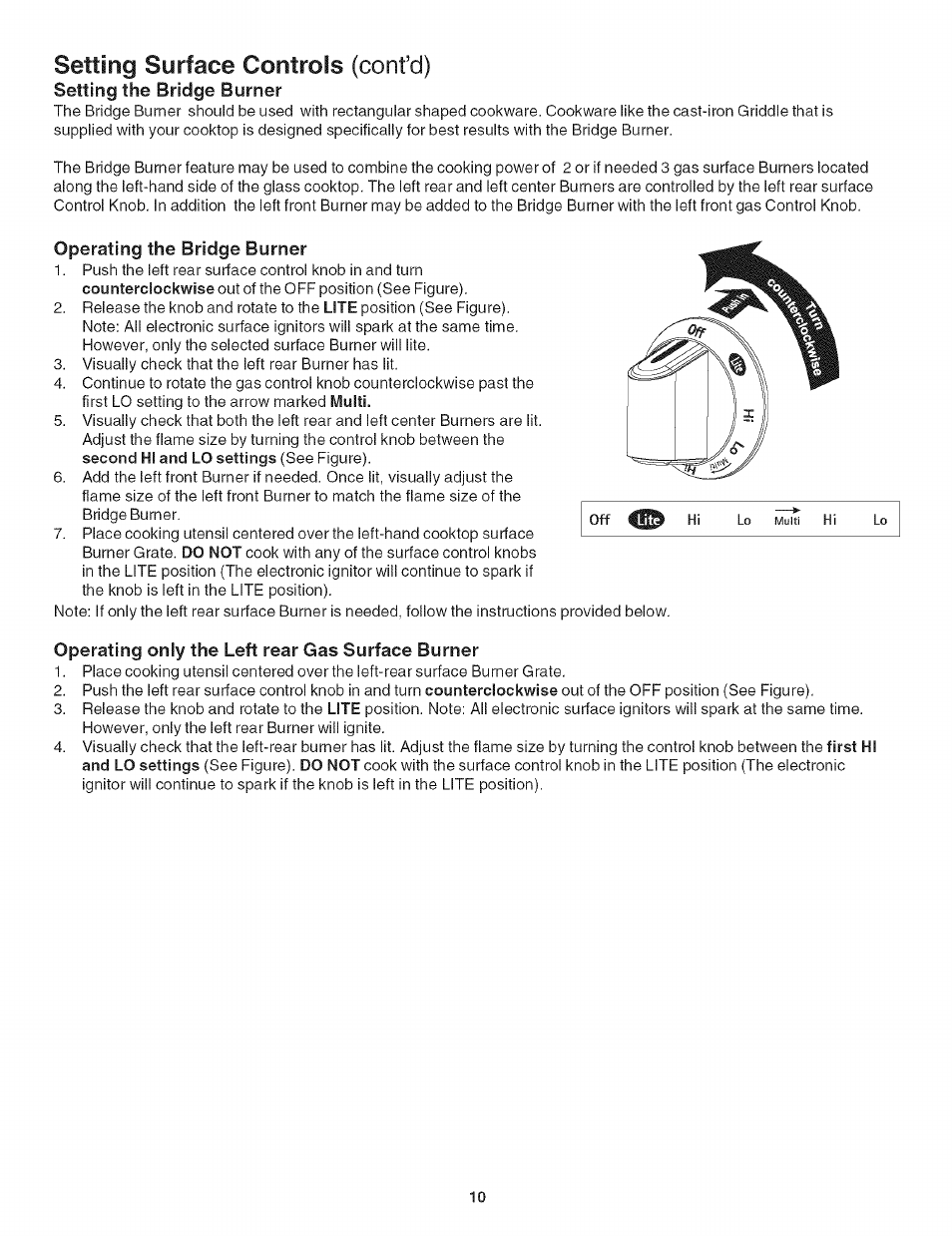 Setting the bridge burner, Operating the bridge burner, Operating only the left rear gas surface burner | Setting surface controls, Cont’d) | Kenmore 790.31 User Manual | Page 10 / 14