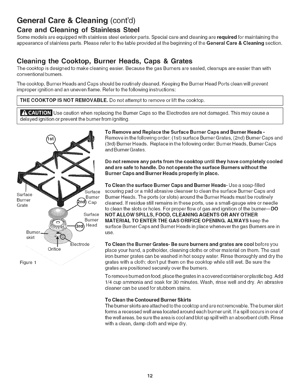 General care & cleaning (confd), Care end cleaning of stainless steel, Cleaning the cooktop, burner heads, caps & grates | Kenmore 790.31 User Manual | Page 12 / 14