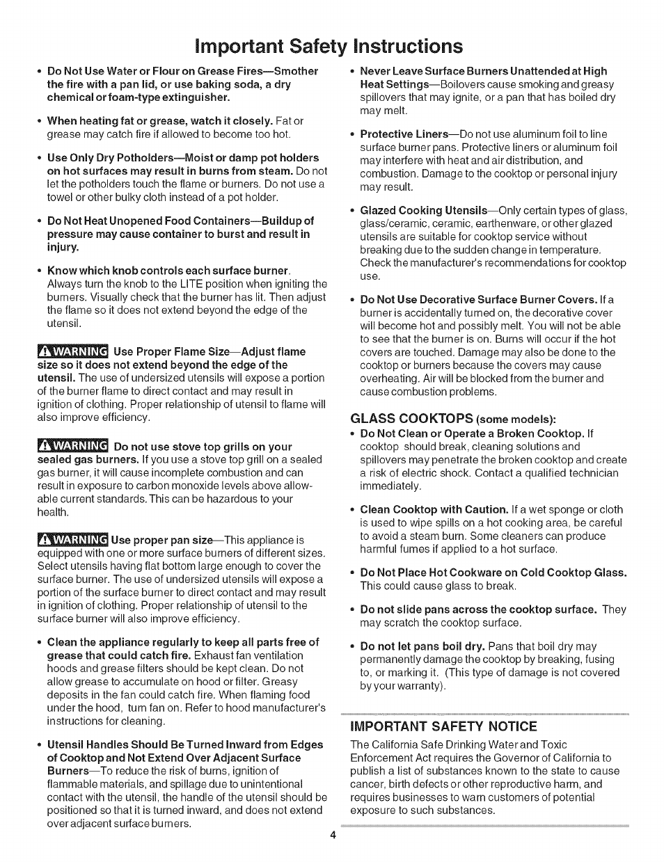 Glass cooktops (some models), Important safety notice, Important safety instructions | Kenmore 790.31 User Manual | Page 4 / 14