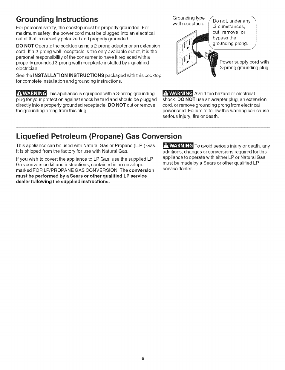 Liquefied petroleum (propane) gas conversion, Grounding instructions | Kenmore 790.31 User Manual | Page 6 / 14