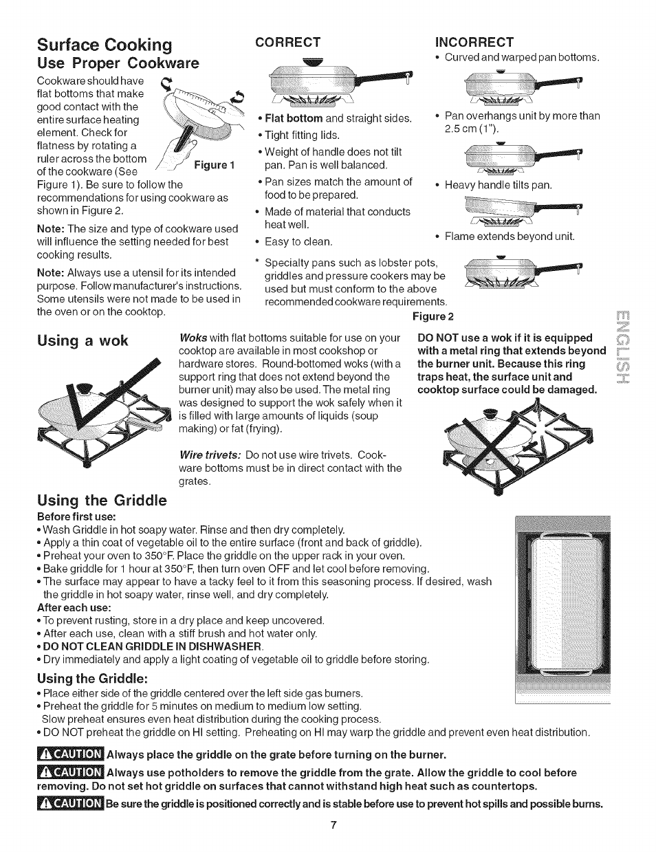 Using the griddle, Surface cooking, Use proper cookware | Using a wok, Correct | Kenmore 790.31 User Manual | Page 7 / 14