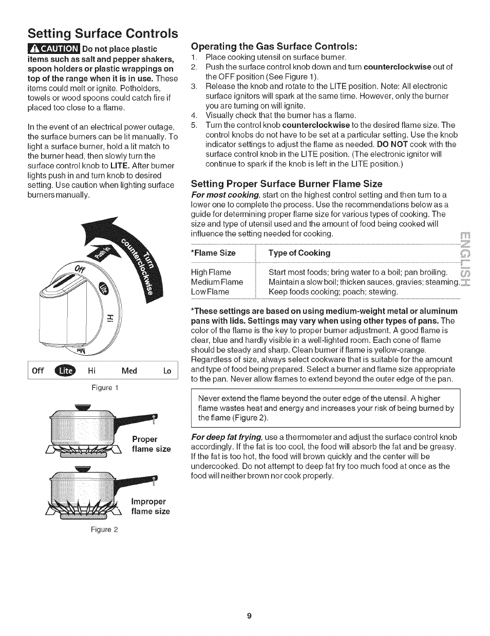 Operating the gas surface controls, Setting proper surface burner flame size, Setting surface controls | Kenmore 790.31 User Manual | Page 9 / 14