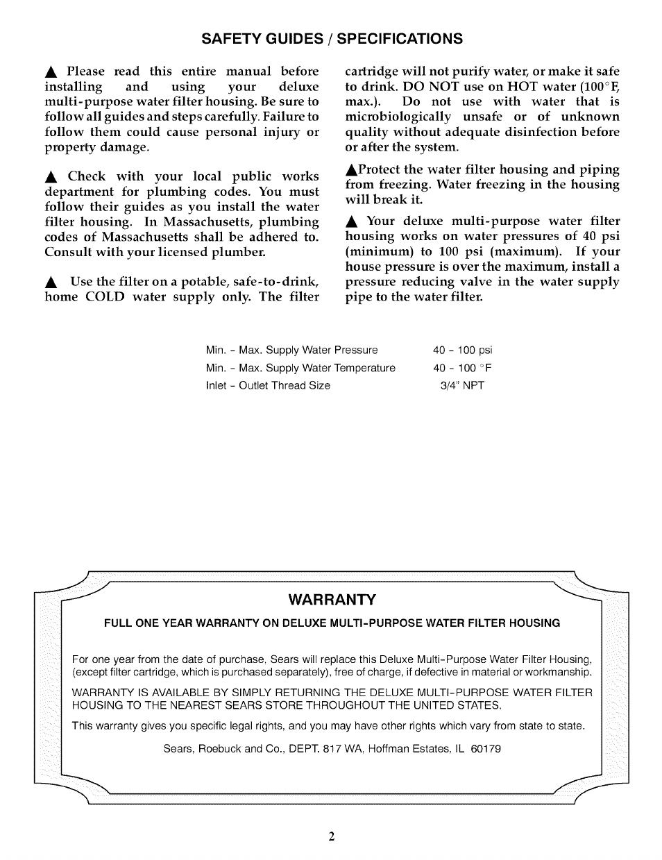 Safety guides / specifications, Warranty | Kenmore DELUXE 625.3844 User Manual | Page 2 / 12