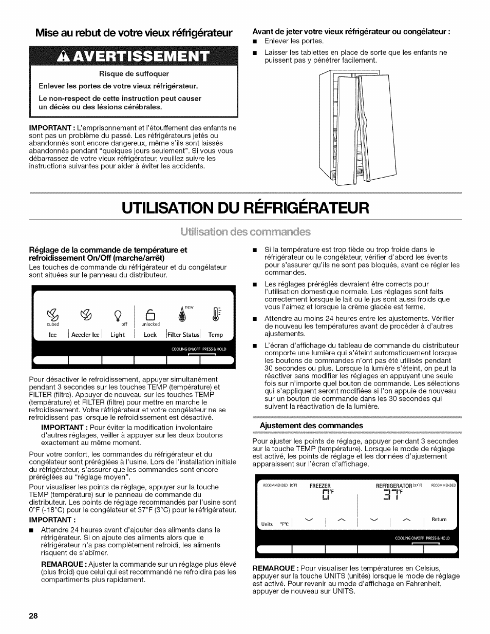 Mise au rebut de votre vieux réfrigérateur, Ajustement des commandes, A avertissement | Utilisation du refrigerateur, 0ы и t | Kenmore 10646033801 User Manual | Page 28 / 40