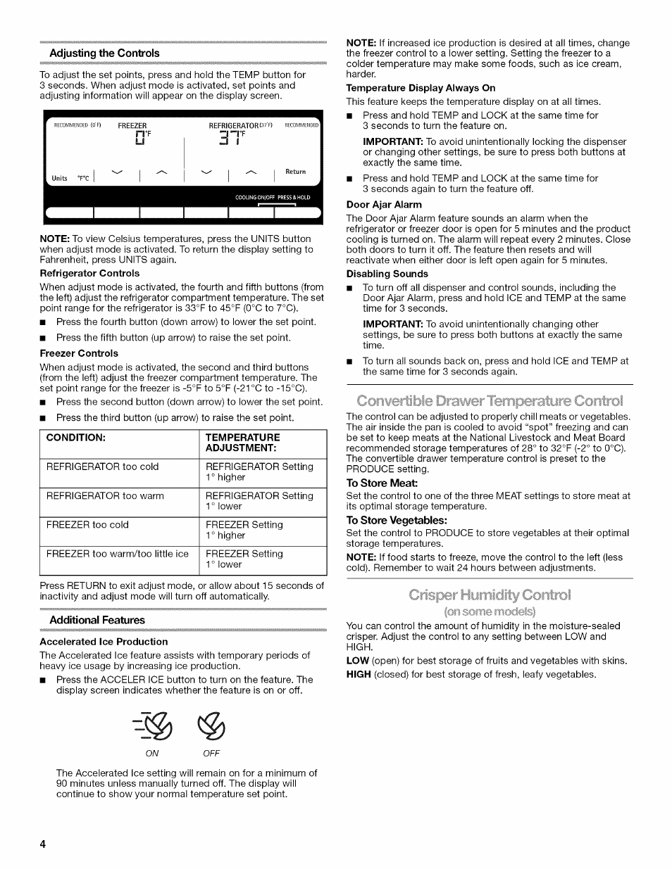 Adjusting the controls, To store meat, To store vegetables | Additional features | Kenmore 10646033801 User Manual | Page 4 / 40