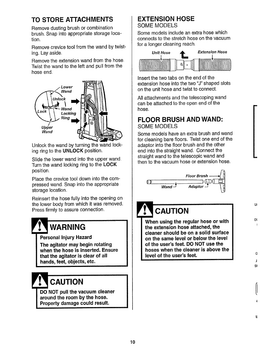 To store attachments, Warning, Caution | Extension hose, Floor brush and wand | Kenmore 116.31913 User Manual | Page 10 / 20