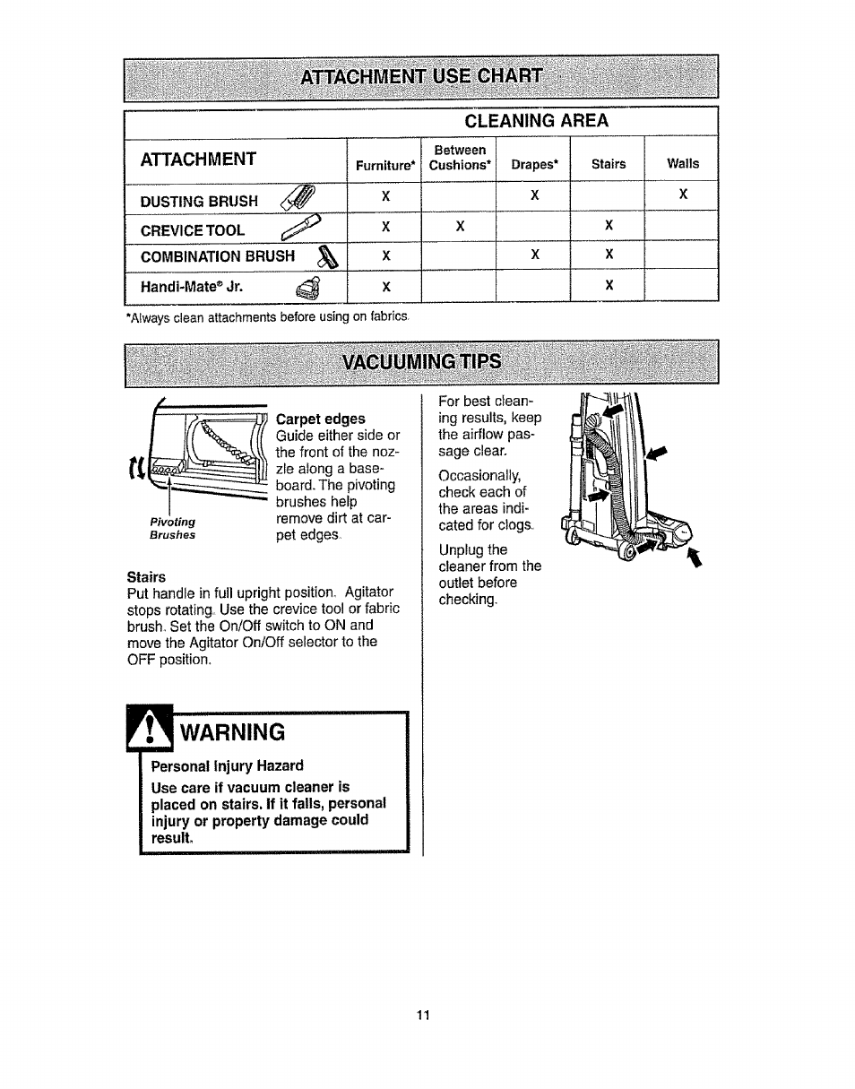 Attachment use chart, Vacuuming tips, Warning | Kenmore 116.31913 User Manual | Page 11 / 20