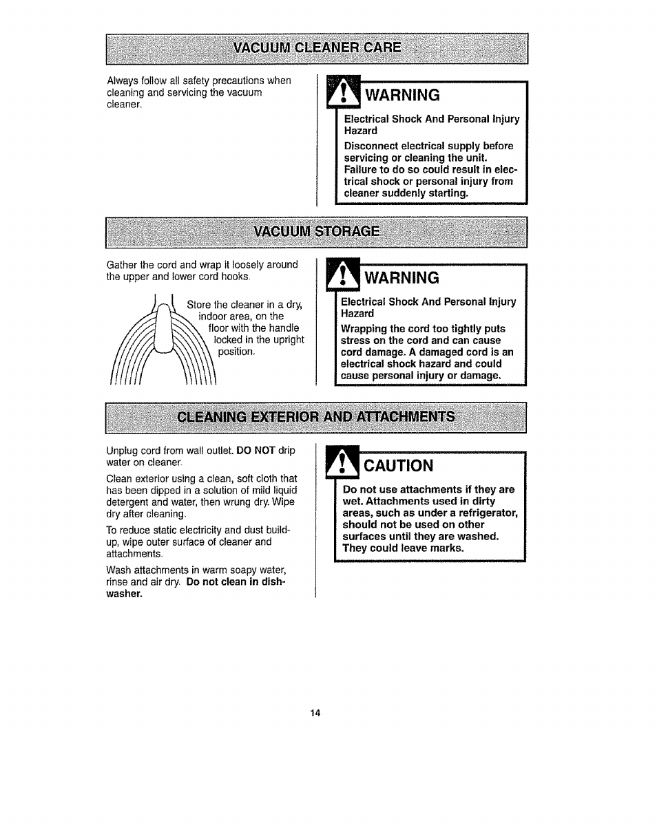 Warning, N warning, Cleaning exterior and attachments | Caution, Cleaner care | Kenmore 116.31913 User Manual | Page 14 / 20