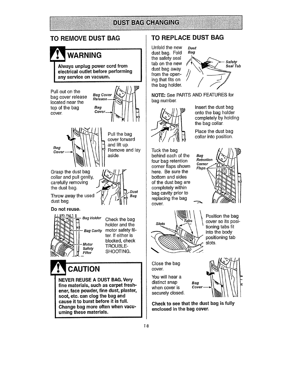 Dust bag changin, Warning, 1 caution | Kenmore 116.31913 User Manual | Page 15 / 20