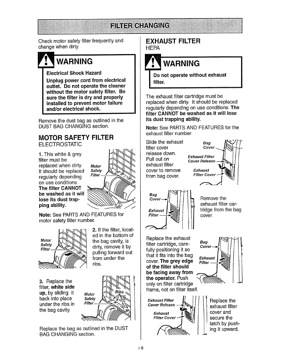 Filter changing, Fv% war, Warming | Motor safety filter, Exhaust filter, Warning, War warming, Electrostatic, Hepa | Kenmore 116.31913 User Manual | Page 16 / 20