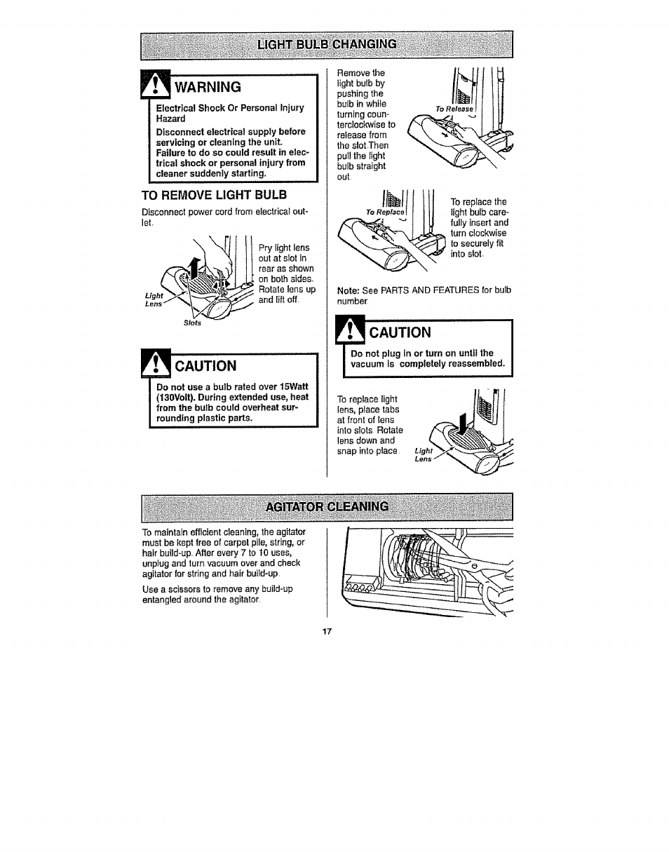 Warning, Caution, Agitator cleaning | Kenmore 116.31913 User Manual | Page 17 / 20