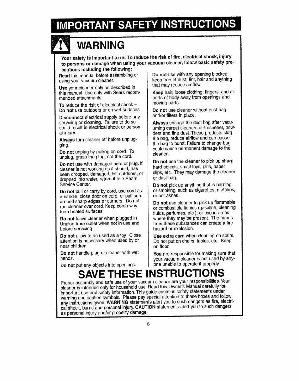 Portant safety instructions, Warning, Save these instructions | Kenmore 116.31913 User Manual | Page 3 / 20