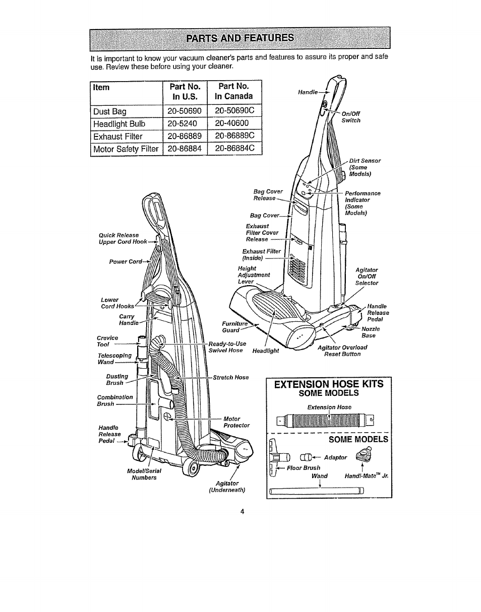 Arts and featur, Extension hose kits, Item part no. in u.s. part no. in canada | Some models, Zzi) | Kenmore 116.31913 User Manual | Page 4 / 20