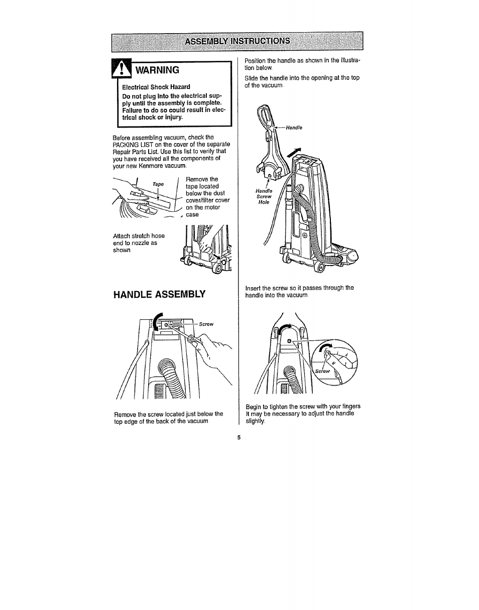 Assembly instructions warning, Handle assembly | Kenmore 116.31913 User Manual | Page 5 / 20