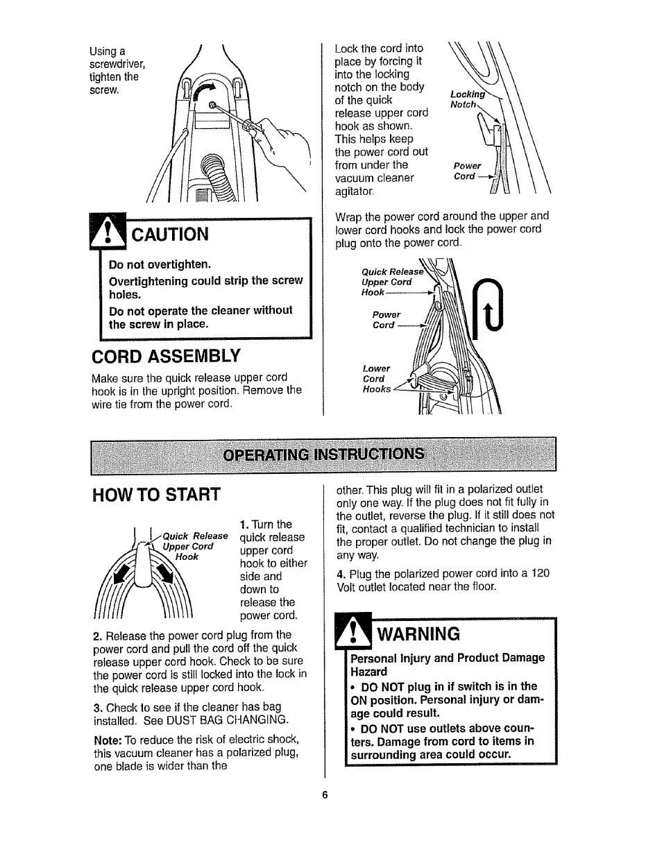 Caution, Cord assembly, How to start | Warning, Operating instructions | Kenmore 116.31913 User Manual | Page 6 / 20