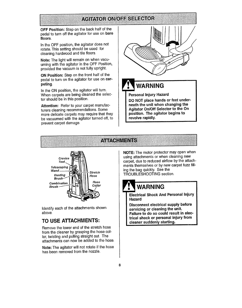 Agitator on/off, To use attachments, Warning | Kenmore 116.31913 User Manual | Page 8 / 20