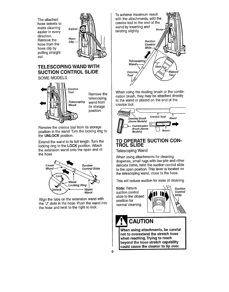 Telescoping wand with suction control slide, To operate suction control slide, Caution | Kenmore 116.31913 User Manual | Page 9 / 20