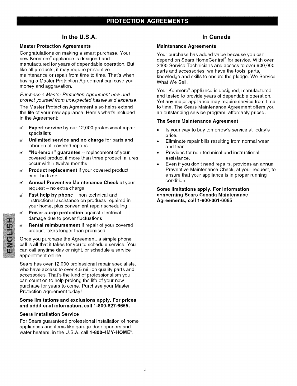 Protection agreements, In the u.s.a, In canada | Kenmore 25326202100 User Manual | Page 4 / 14