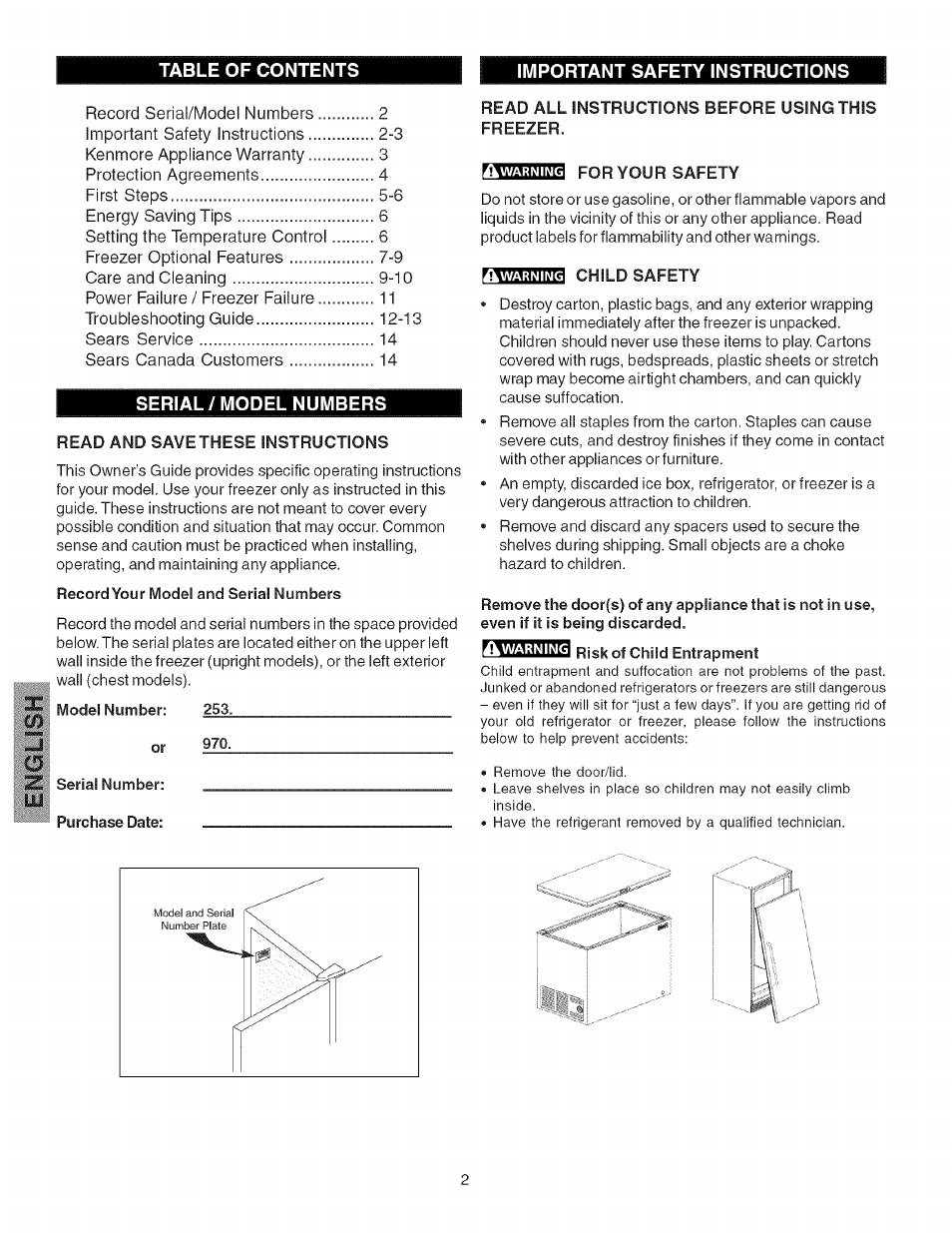 Important safety instructions, Serial / model numbers, Read and save these instructions | Read all instructions before using this freezer, For your safety, Child safety | Kenmore 25316092102 User Manual | Page 2 / 14