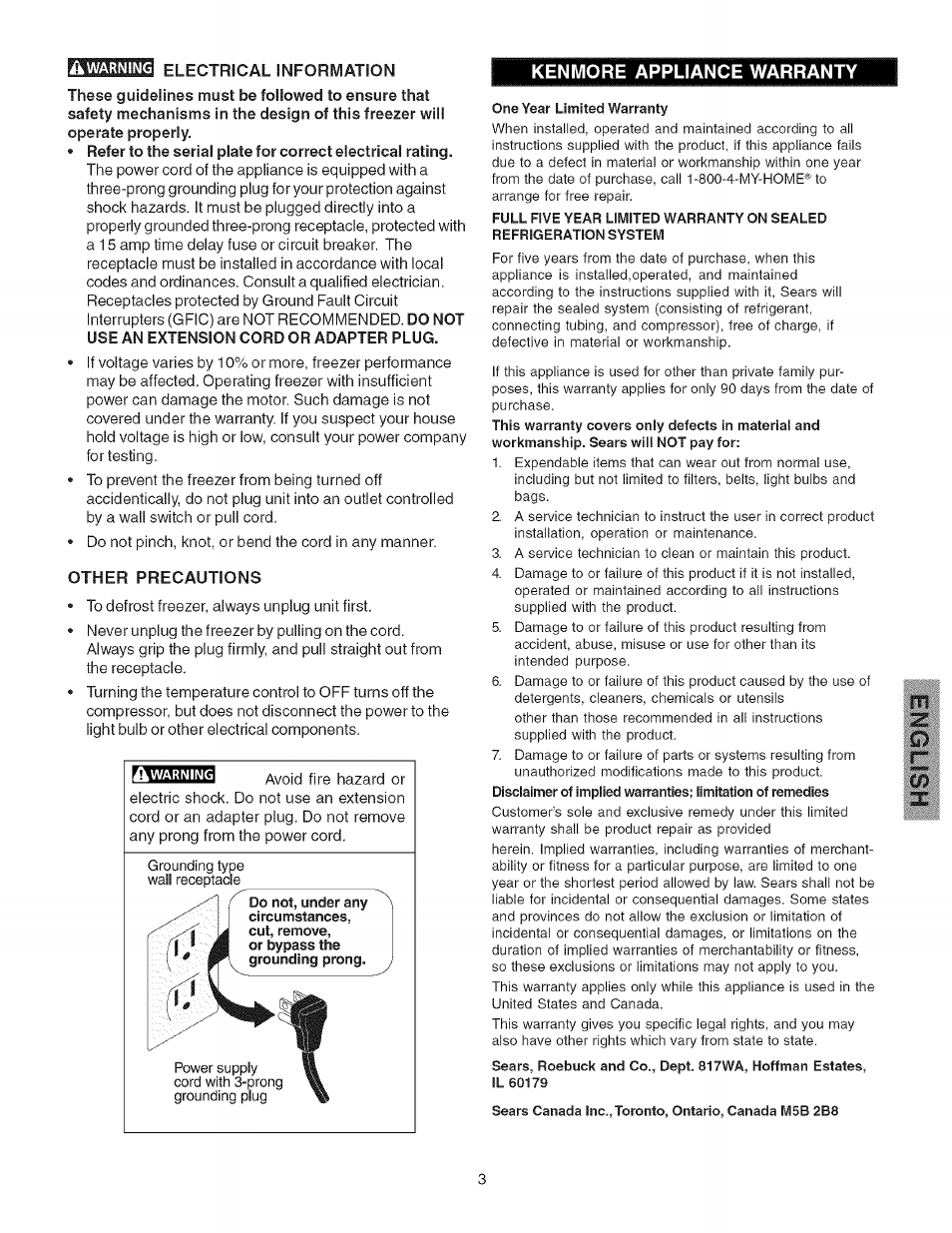 Other precautions, Ken more appliance warranty | Kenmore 25316092102 User Manual | Page 3 / 14