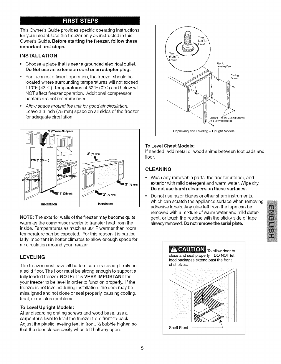 First steps, Installation, Leveling | Cleaning | Kenmore 25316092102 User Manual | Page 5 / 14