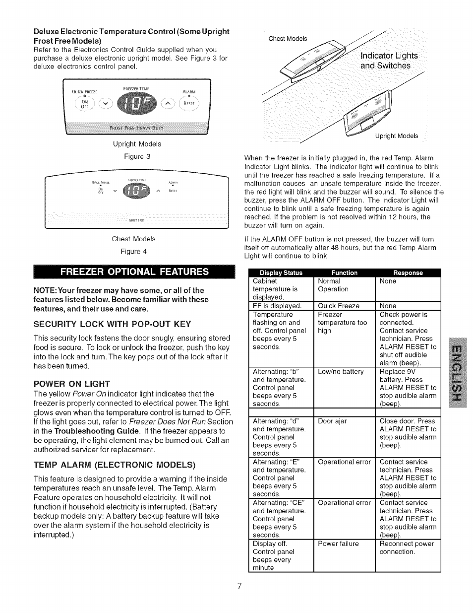 Freezer optional features, Security lock with pop-out key, Power on light | Temp alarm (electronic models) | Kenmore 25316092102 User Manual | Page 7 / 14