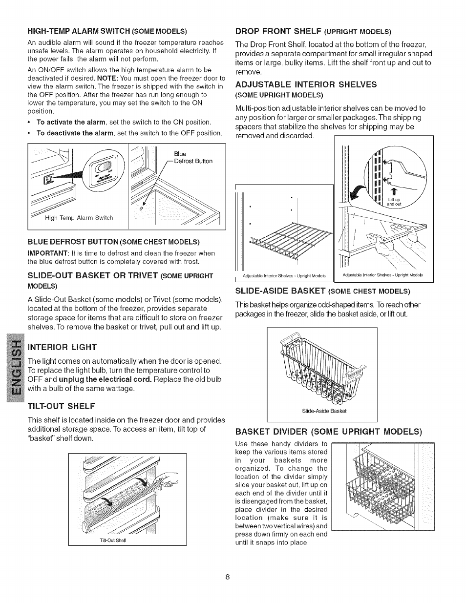 Slide-out basket or trivet (some upright models), Tilt-out shelf, Adjustable interior shelves | Basket divider (some upright models) | Kenmore 25316092102 User Manual | Page 8 / 14