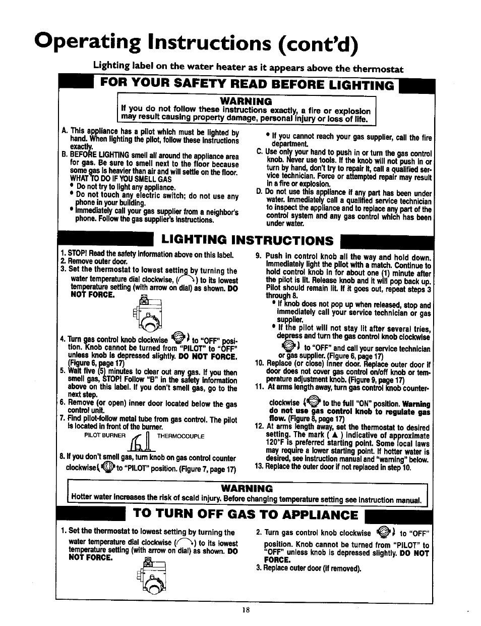 Warning, Operating instructions (cont’d), For your safety read before lighting | Lighting instructions | Kenmore 153.337613 User Manual | Page 18 / 36