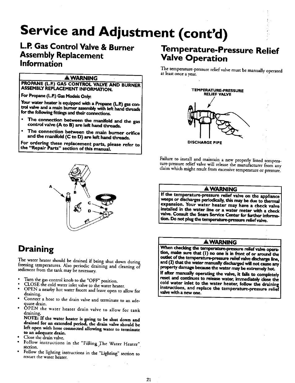 Draining, Awarning, Service and adjustment (cont’d) | Temperature-pressure relief valve operation | Kenmore 153.337613 User Manual | Page 21 / 36