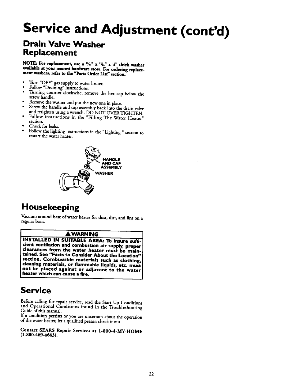 Drain valve washer replacement, Housekeeping, Service | Service and adjustment (cont*d) | Kenmore 153.337613 User Manual | Page 22 / 36