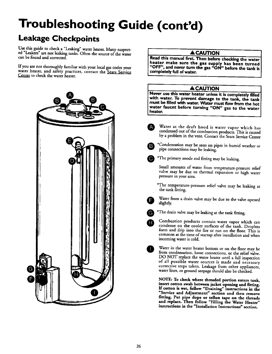 Troubleshooting guide (cont’d), Leakage checkpoints, Acaution | Kenmore 153.337613 User Manual | Page 26 / 36