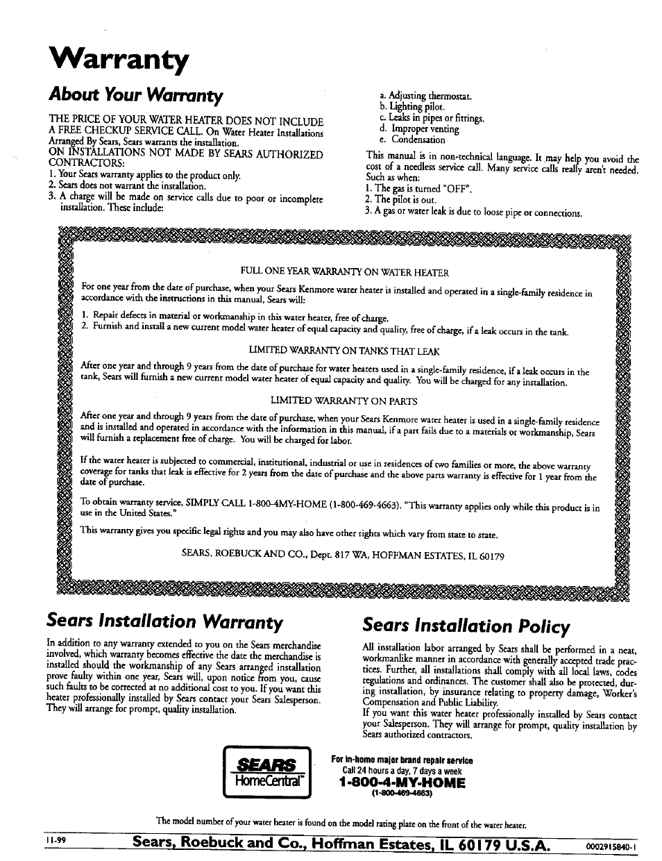 Warranty, About your warranty, Sears installation warranty | Sears installation policy, 800-4-my-home | Kenmore 153.337613 User Manual | Page 36 / 36