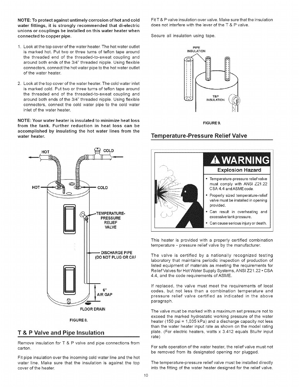 Explosion hazard, Awarning, Temperature-pressure relief valve | T & p valve and pipe insulation | Kenmore 153 User Manual | Page 10 / 32