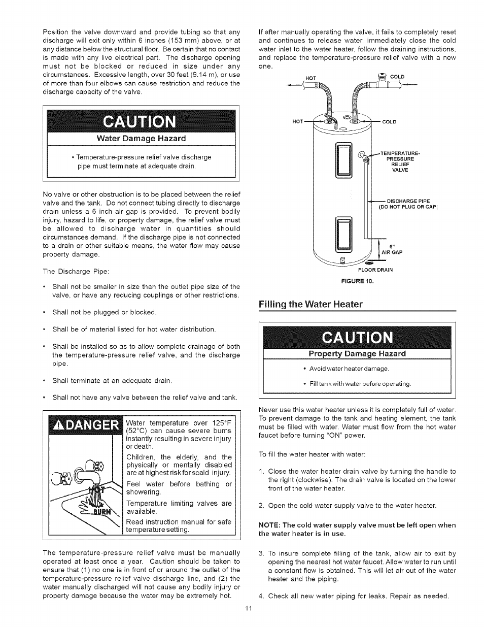 The water heater is in use, Caution, Adanger | Filling the water heater | Kenmore 153 User Manual | Page 11 / 32