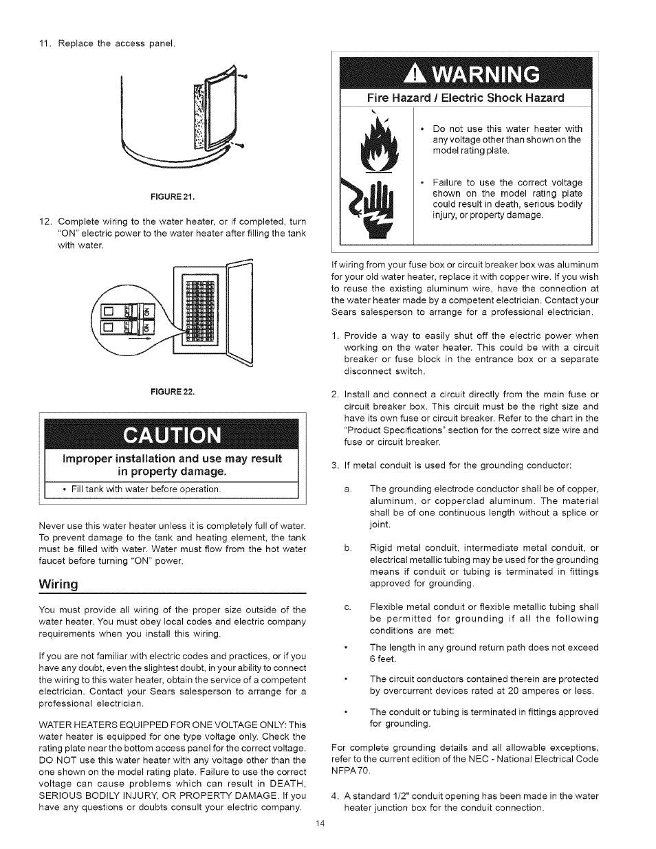 Fire hazard / electric shock hazard, Caution, Warning | Wiring | Kenmore 153 User Manual | Page 14 / 32