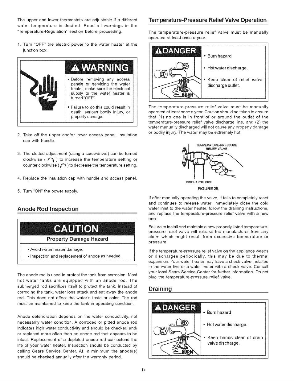 A warning, Gaution, Draining | Anode rod inspection | Kenmore 153 User Manual | Page 18 / 32