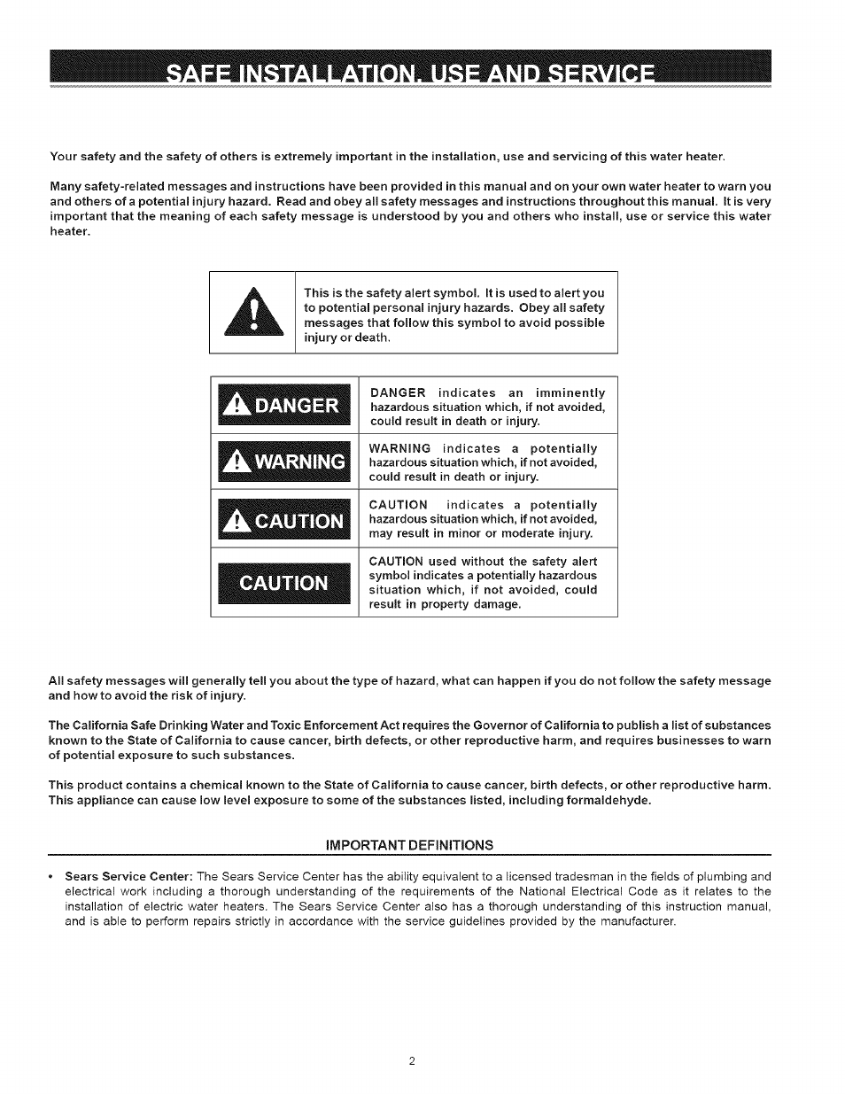 Important definitions, Danger, Warning | Caution | Kenmore 153 User Manual | Page 2 / 32