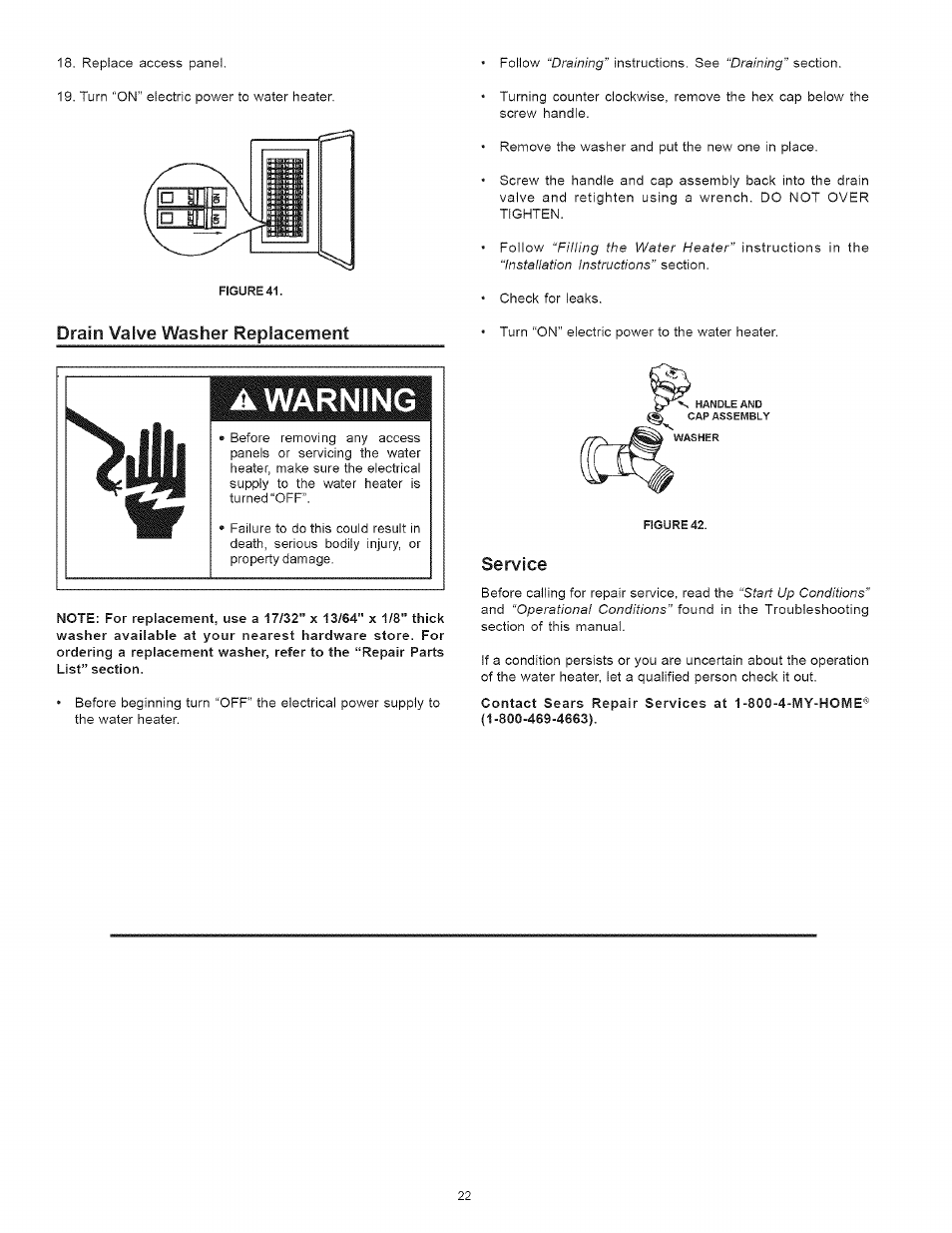 A warning, Drain valve washer replacement, Service | Kenmore 153 User Manual | Page 22 / 32