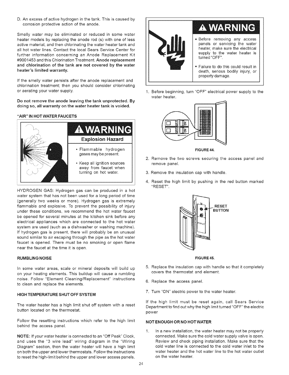 Rumbling noise, High temperature shut off system, Not enough or no hot water | Not enough or no hot water ,25, Awarning, Rawarning >l | Kenmore 153 User Manual | Page 24 / 32