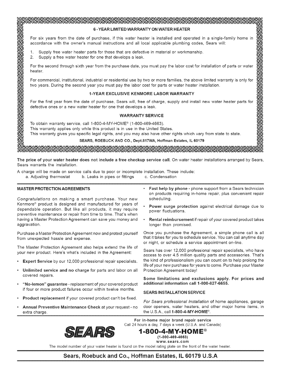 Warranty service, Master protection agreements, Sears installation service | 4-my-home | Kenmore 153 User Manual | Page 32 / 32