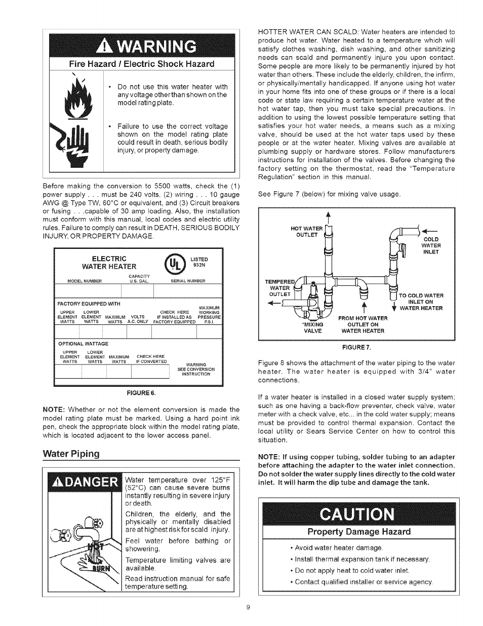 Electric water heater, Adanger, Filili b | A warning, Caution, Fire hazard, Electric shock hazard, Water piping, Property damage hazard | Kenmore 153 User Manual | Page 9 / 32