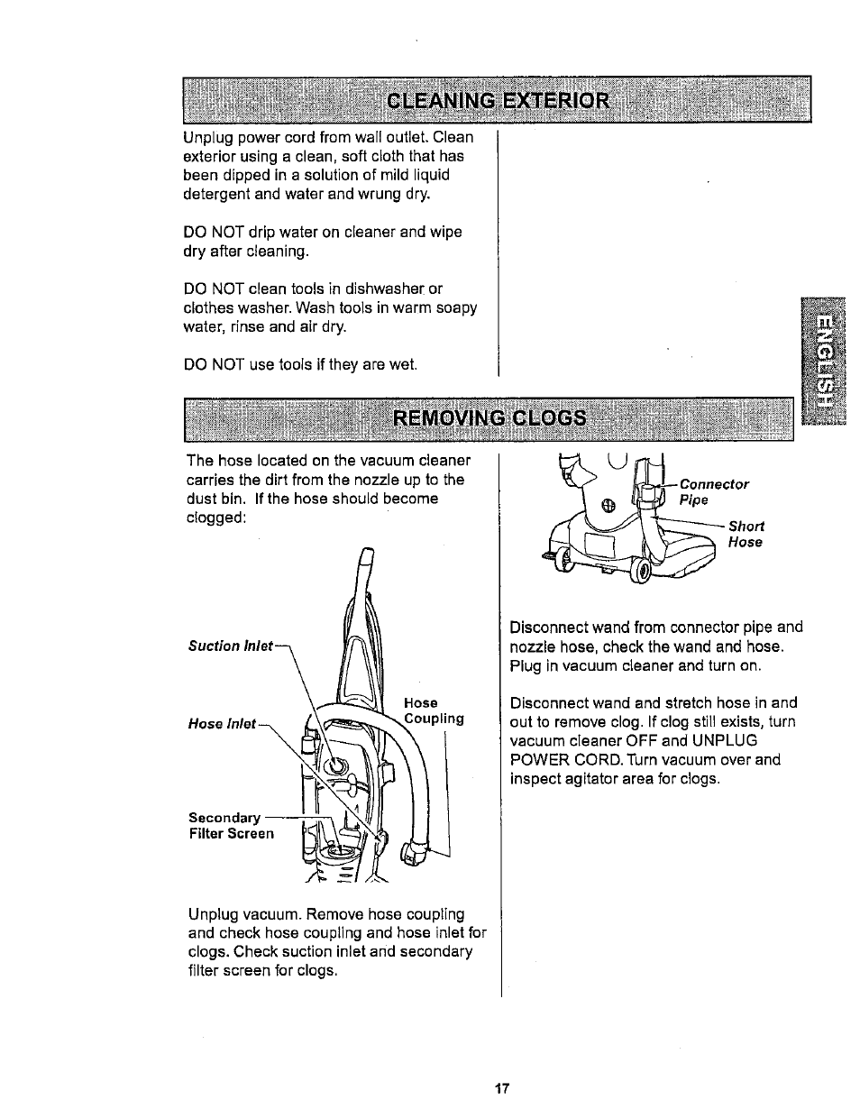 Cleaning exterior, Removing clogs, Cleaning exterior removing clogs | Kenmore ASPIRADORA 116.34722 User Manual | Page 17 / 19