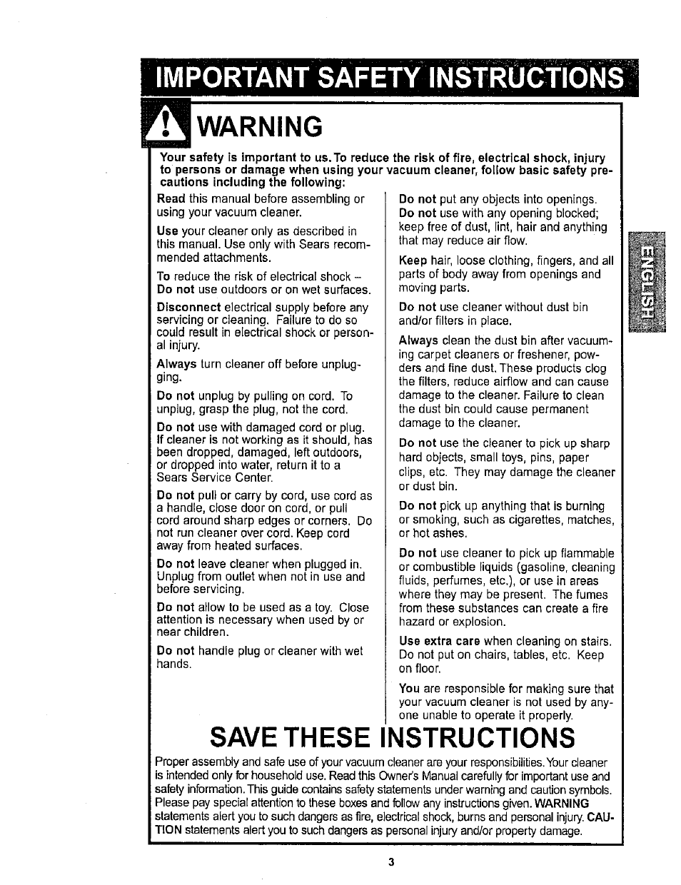 Important safety instructions, Warning, Save these instructions | Important safety instructions warning | Kenmore ASPIRADORA 116.34722 User Manual | Page 3 / 19