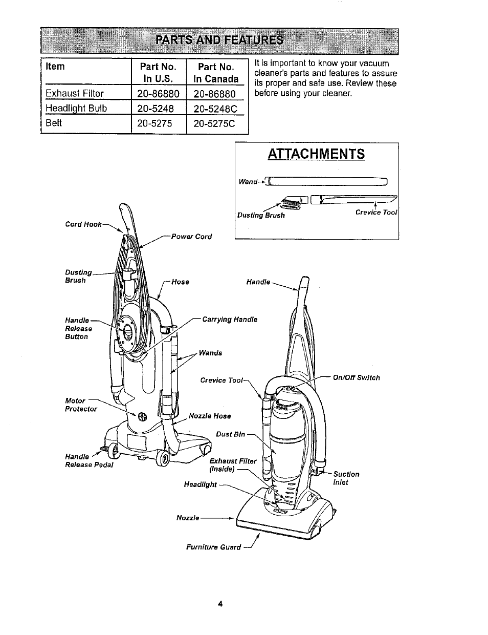 Attachments, Parts and features | Kenmore ASPIRADORA 116.34722 User Manual | Page 4 / 19