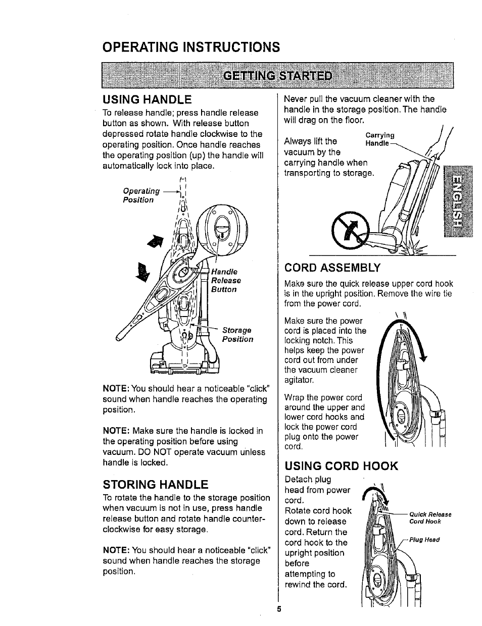 Operating instructions, Getting started, Using handle | Storing handle, Cord assembly, Using cord hook, Storing handle cord assembly using cord hook, Getting started using handle | Kenmore ASPIRADORA 116.34722 User Manual | Page 5 / 19