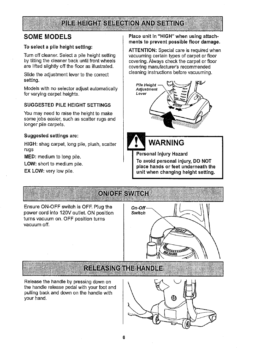 Pile height selection and setting, Some models, On/off switch | Releasing the handle, Warning | Kenmore ASPIRADORA 116.34722 User Manual | Page 6 / 19