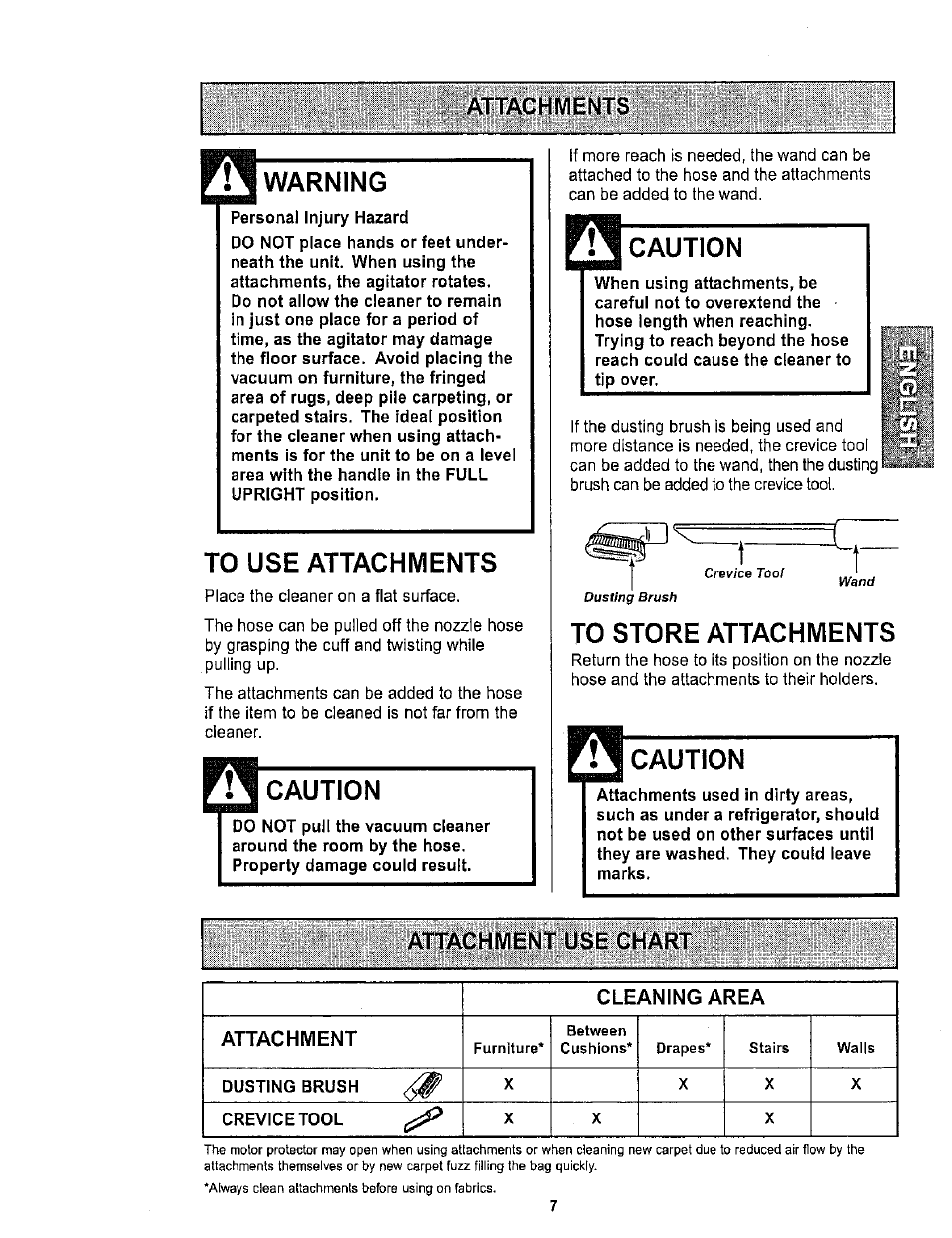 Attachments, Warning, To use attachments | Caution, To store attachments, Attachment use chart, Attachments ü | Kenmore ASPIRADORA 116.34722 User Manual | Page 7 / 19